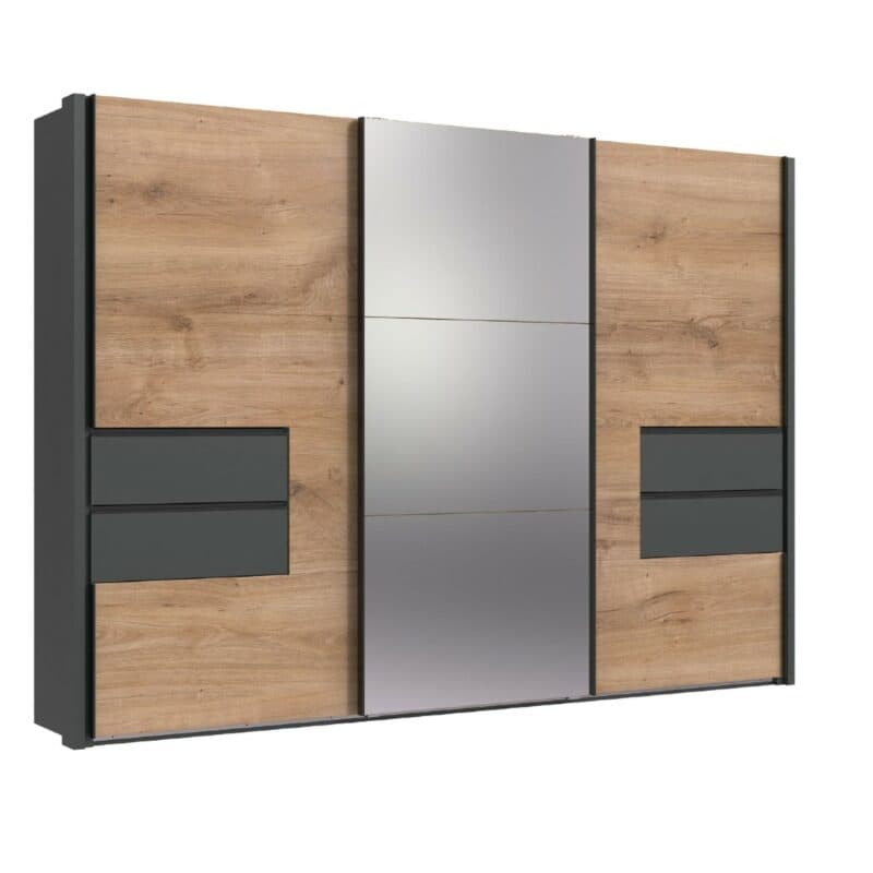 Wimex Palermo Schwebetürenschrank Plankeneiche Nachbildung Dekor graphit mit Spiegel inkl. Passpartoutleiste