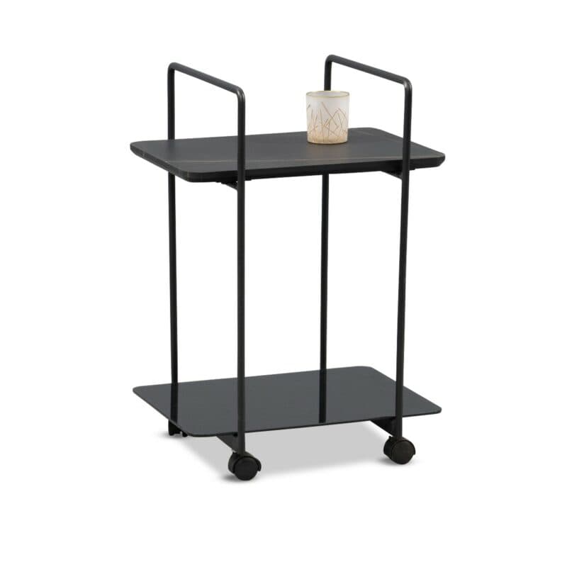 M2 Kollektion Doppio Beistellwagen auf Rollen mit Platte in Marmoroptik und Sicherheitsglas