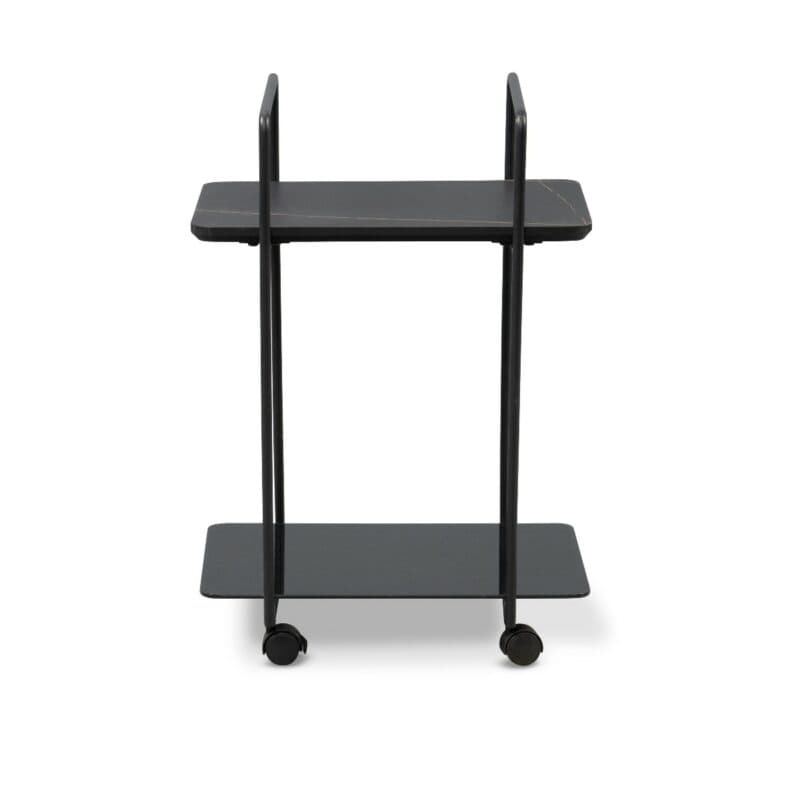 M2 Kollektion Doppio Beistellwagen auf Rollen mit Platte in Marmoroptik und Sicherheitsglas - frontal