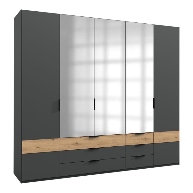 Wimex Gibraltar Drehtürenschrank 5-türig in Dekor graphit Absetzung Artisan Eiche Nachbildung Absetzung mit Spiegel Freisteller