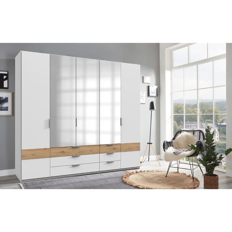 Wimex Gibraltar Drehtuerenschrank 5-tuerig in Dekor weiß Absetzung Artisan Eiche Nachbildung mit Spiegel Wohnbeispiel