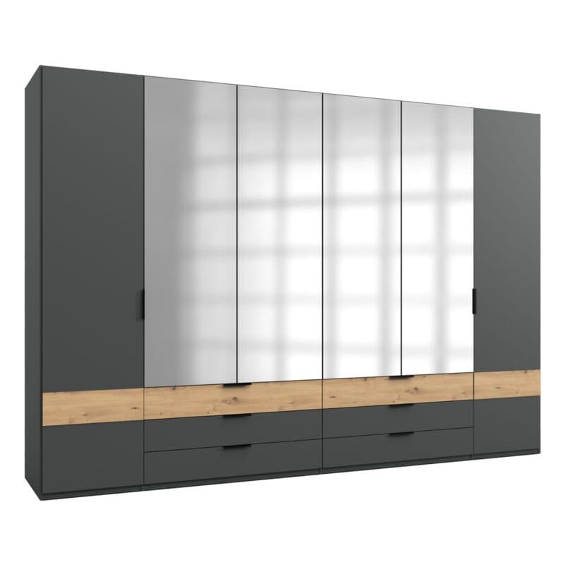 Wimex Gibraltar Drehtürenschrank 6-türig in Dekor graphit Absetzung Artisan Eiche Nachbildung Absetzung mit Spiegel Freisteller