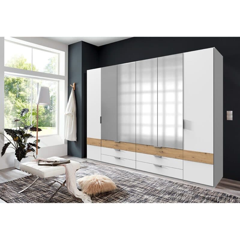 Wimex Gibraltar Drehtuerenschrank 6-tuerig in Dekor weiß Absetzung Artisan Eiche Nachbildung mit Spiegel Wohnbeispiel