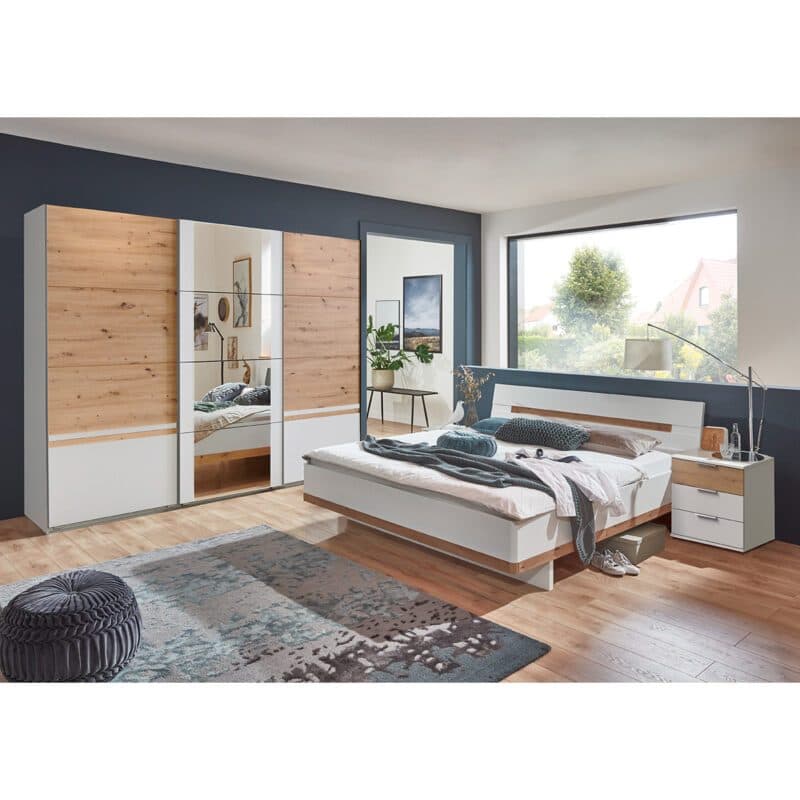 Wimex Gibraltar Schlafzimmer 3-teilig bestehend aus Schwebetürenschrank 3-türig Doppelbett 180x200 und Nachtkommoden Paar in Dekor weiß Absetzung Artisan Eiche Nachbildung Wohnbeispiel