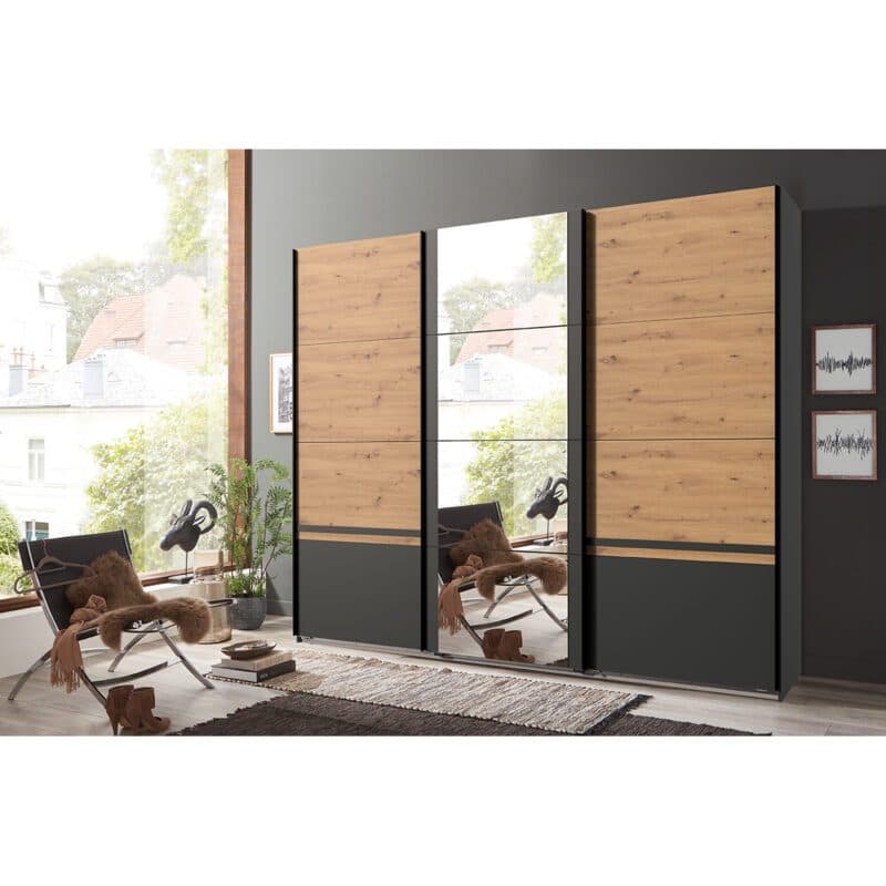 Wimex Gibraltar Schwebetuerenschrank 3-tuerig in Artisan Eiche Nachbildung Absetzung Dekor graphit mit Spiegel Wohnbeispiel