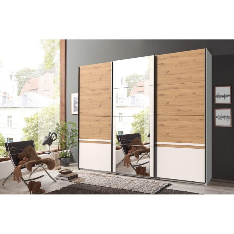 Wimex Gibraltar Schwebetuerenschrank 3-tuerig in Artisan Eiche Nachbildung Absetzung Dekor weiß mit Spiegel Wohnbeispiel
