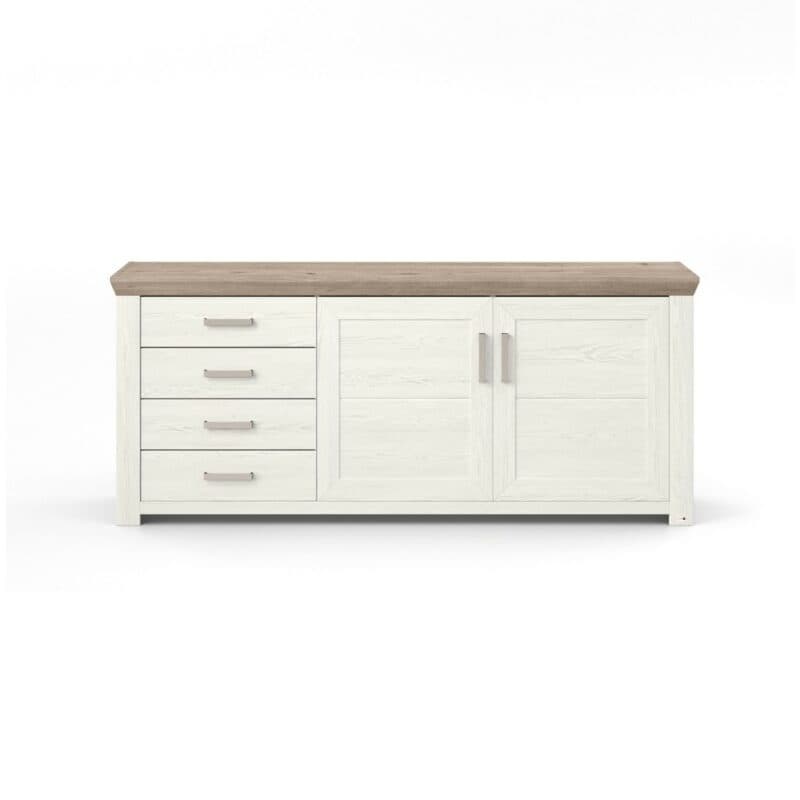 set one by Musterring Type 51 Sideboard mit einer Deckplatte in Eiche Nelson Nachbildung und einem Korpus in Dekor Pino Aurelio mit zwei Türen und vier Schubkästen in frontaler Ansicht