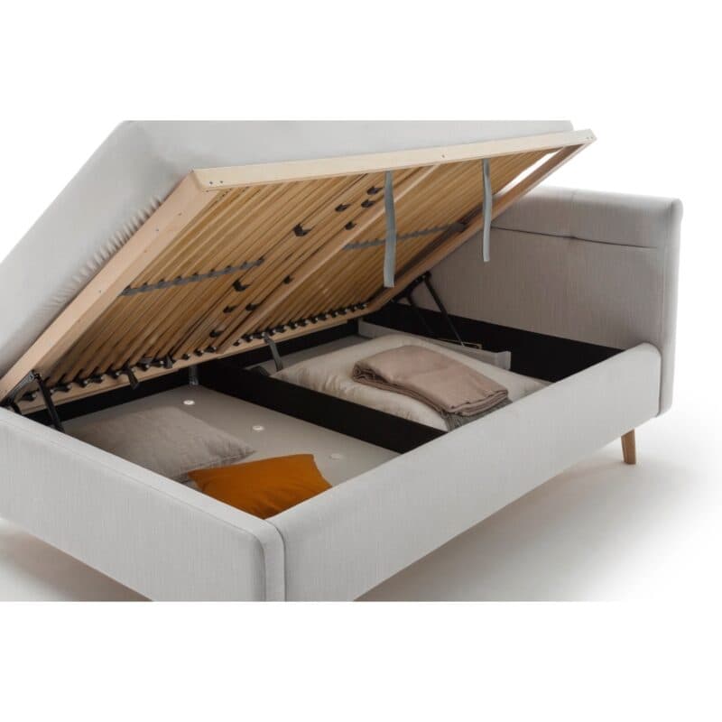 Meise Lotte Polsterbett in Bezug Melva hallgrau und Füßen aus Massivholz eichefarbig - Bettkasten Detail