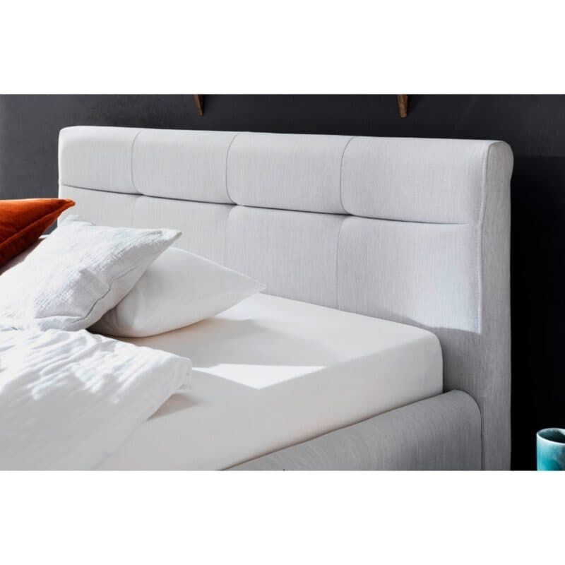 Meise Lotte Polsterbett in Bezug Melva hellgrau und Füßen aus Massivholz eichefarbig - Kopfteil Wonbeispiel