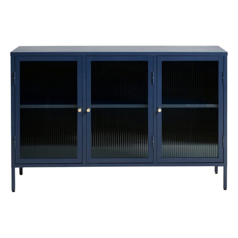 Trendstore Undine Sideboard aus blauem Metall mit Glaseinsatz - frontal