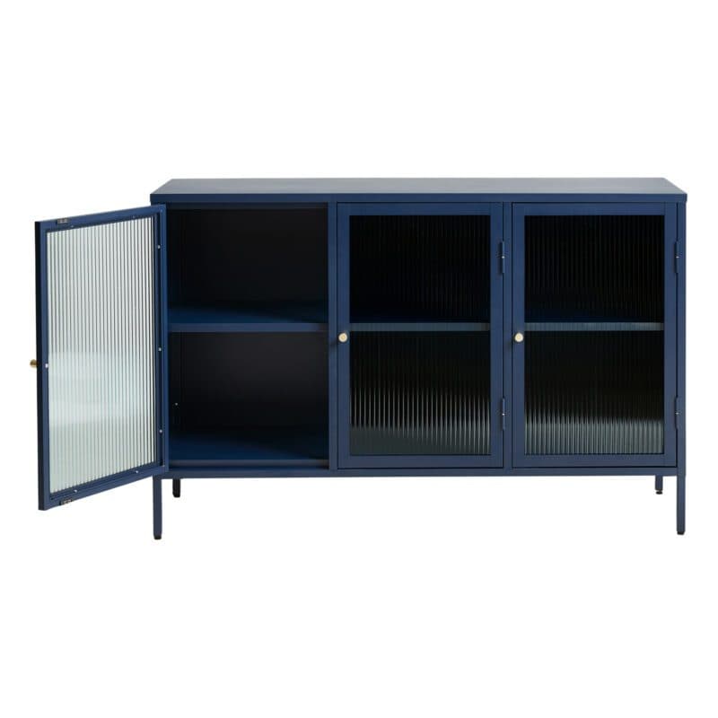 Trendstore Undine Sideboard aus blauem Metall mit Glaseinsatz - links offen
