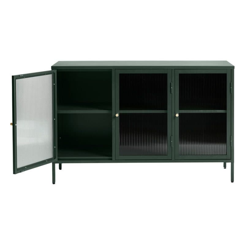 Trendstore Undine Sideboard aus grünem Metall mit Glaseinsatz - links offen