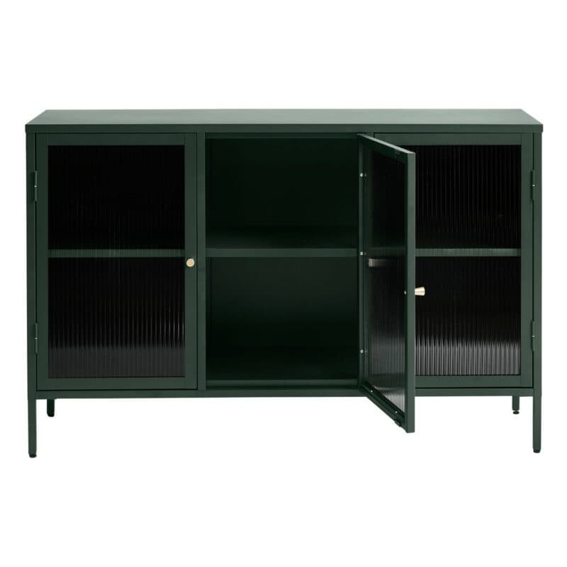 Trendstore Undine Sideboard aus grünem Metall mit Glaseinsatz - mittig offen