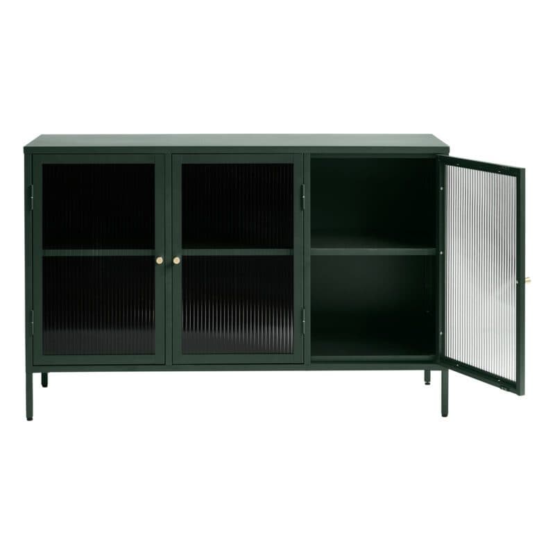 Trendstore Undine Sideboard aus grünem Metall mit Glaseinsatz - rechts offen
