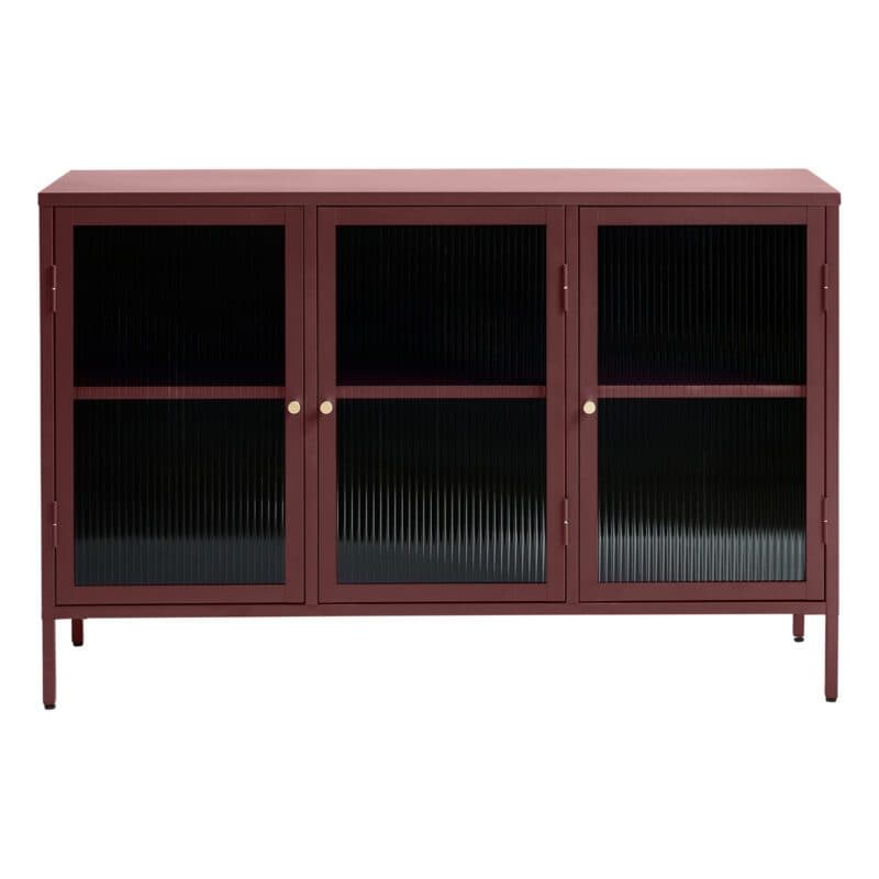 Trendstore Undine Sideboard aus rotem Metall mit Glaseinsatz - frontal