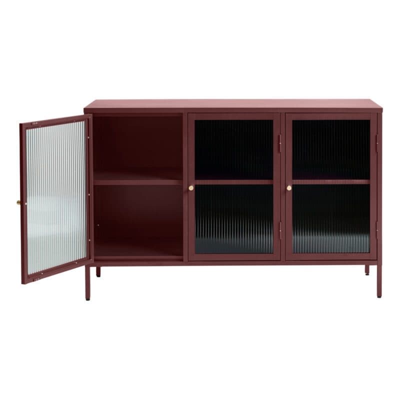 Trendstore Undine Sideboard aus rotem Metall mit Glaseinsatz - links offen