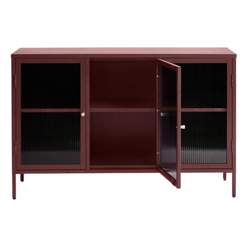 Trendstore Undine Sideboard aus rotem Metall mit Glaseinsatz - mittig offen