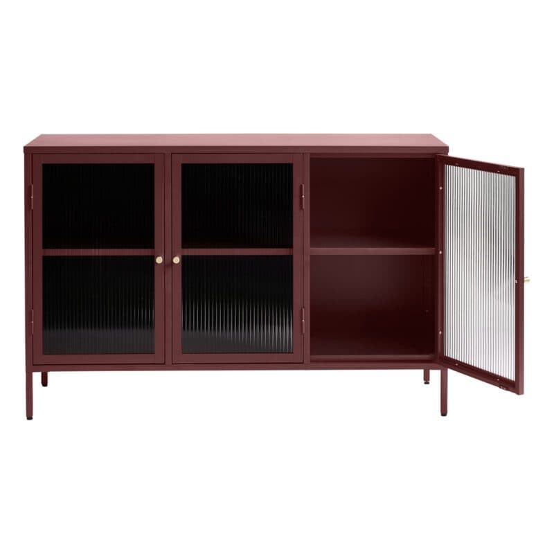 Trendstore Undine Sideboard aus rotem Metall mit Glaseinsatz - rechts offen