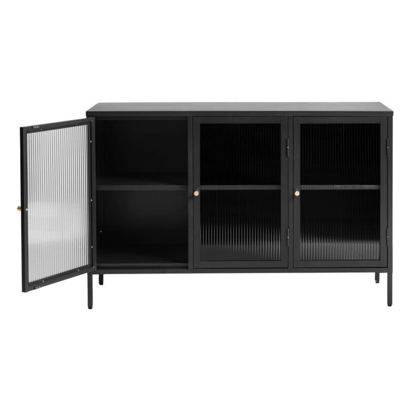 Trendstore Undine Sideboard aus schwarzem Metall mit Glaseinsatz - links offen