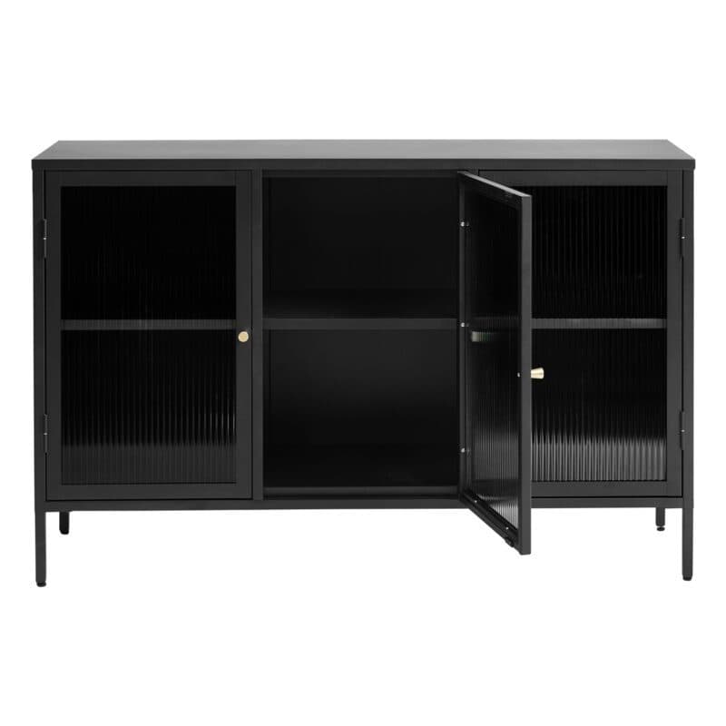 Trendstore Undine Sideboard aus schwarzem Metall mit Glaseinsatz - mitig offen