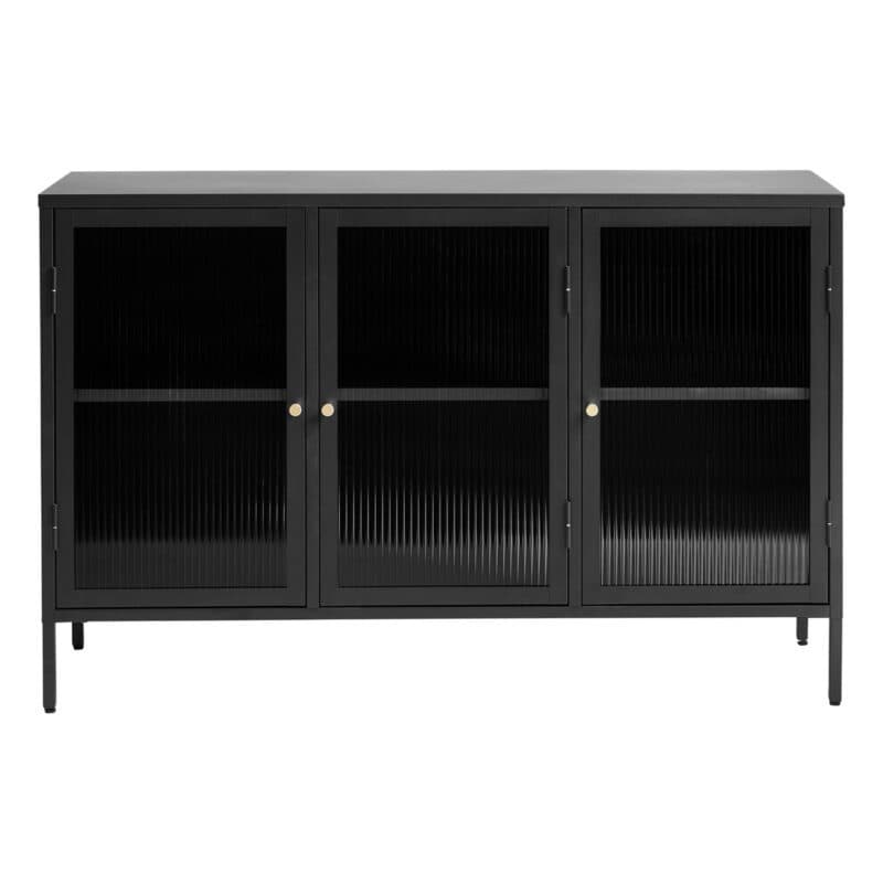 Trendstore Undine Sideboard aus schwarzem Metall mit Glaseinsatz - frontal