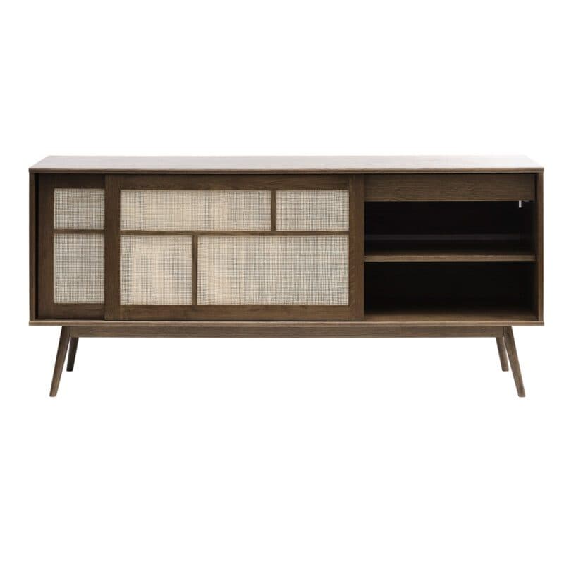 Trendstore Uppsala Sideboard aus furnierter Eiche (smoked) mit Rattangeflecht - frontal
