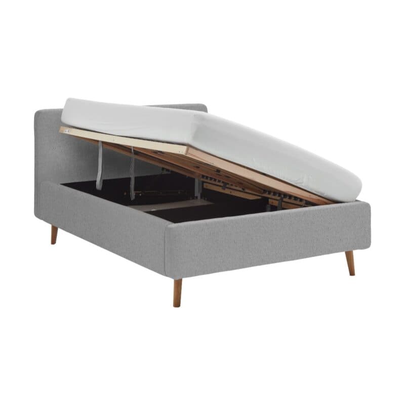 Meise Mattis Polsterbett in Bezug Teddy abriamo grau, inkl. Lattenrost und Bettkasten.