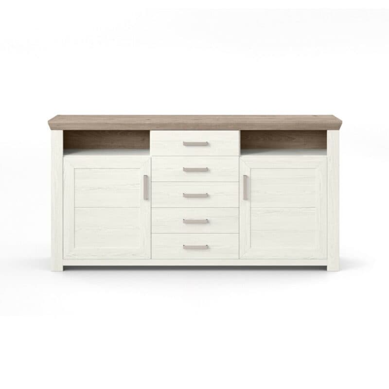 set one by Musterring Type 55 Sideboard mit einer Deckplatte in Eiche Nelson Nachbildung und einem Korpus in Dekor Pino Aurelio mit zwei Türen und fünf Schubkästen in seitlich frontaler Ansicht