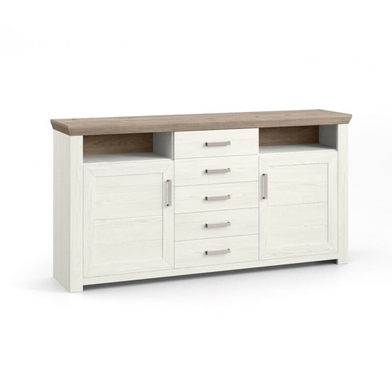 set one by Musterring Type 55 Sideboard mit einer Deckplatte in Eiche Nelson Nachbildung und einem Korpus in Dekor Pino Aurelio mit zwei Türen und fünf Schubkästen in seitlich frontaler Ansicht