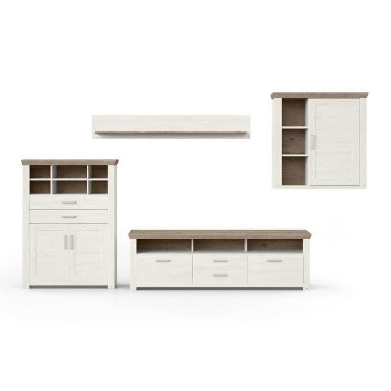 set one by Musterring York Kombination 01 mit einer Deckplatte in Eiche Nelson Nachbildung und einem Korpus in Dekor Pino in frontaler Ansicht