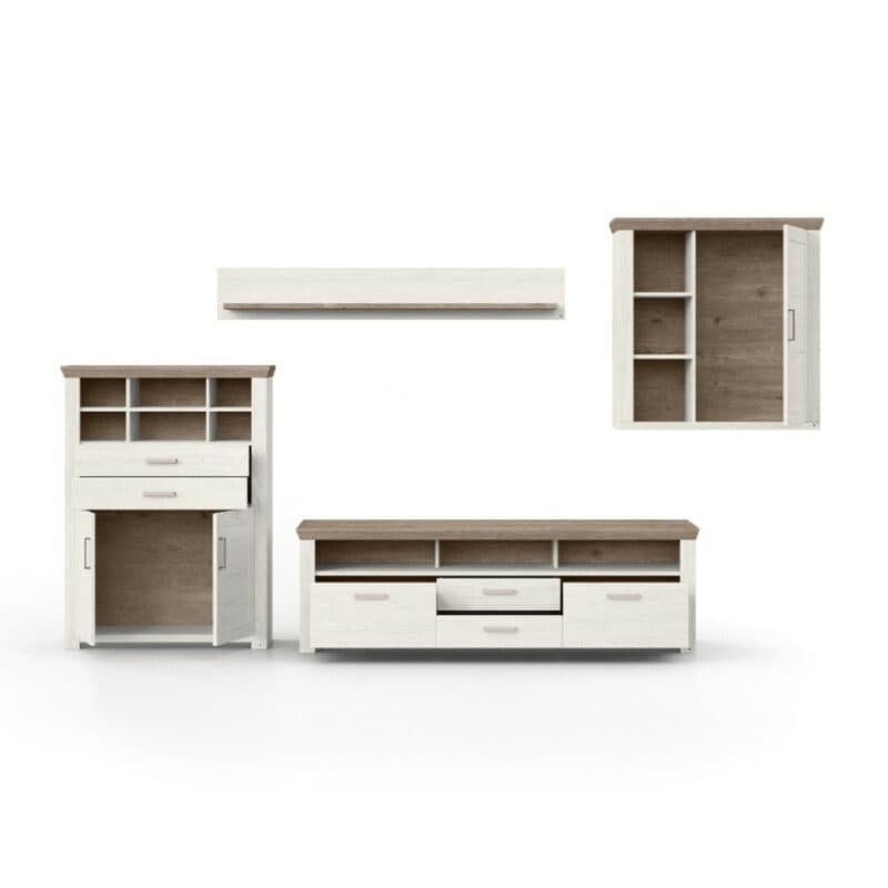 set one by Musterring York Kombination 01 mit einer Deckplatte in Eiche Nelson Nachbildung und einem Korpus in Dekor Pino in frontaler Ansicht - mit geöffneten Türen & Schubkästen