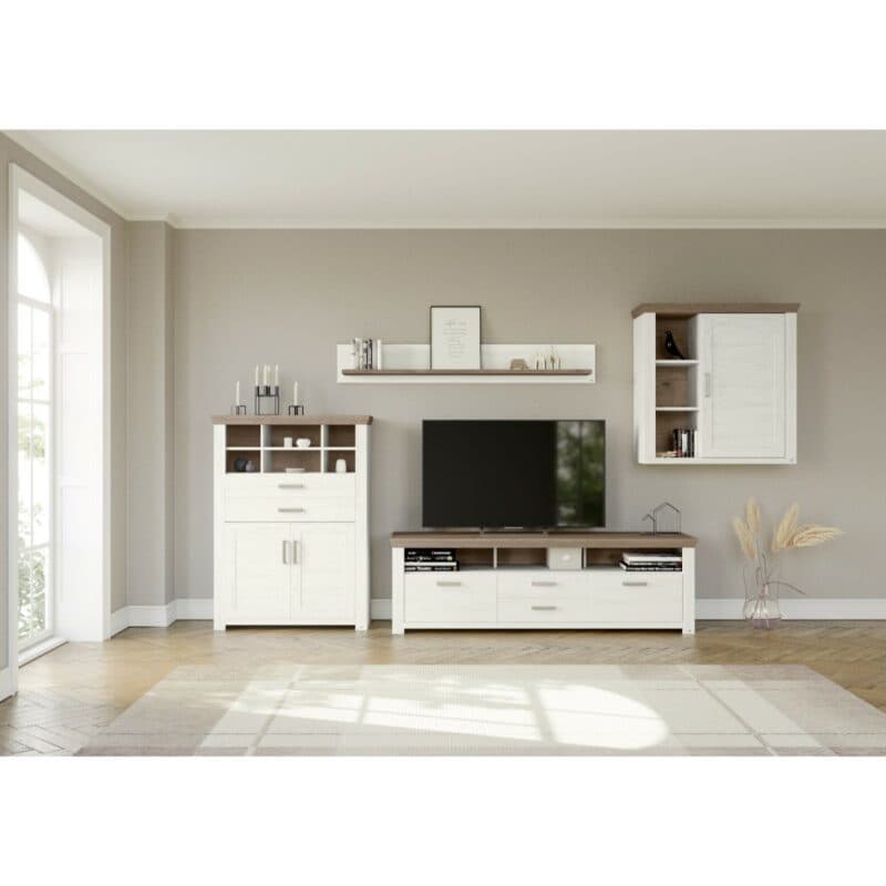 set one by Musterring York Kombination 01 mit einer Deckplatte in Eiche Nelson Nachbildung und einem Korpus in Dekor Pino - Wohnbeispiel