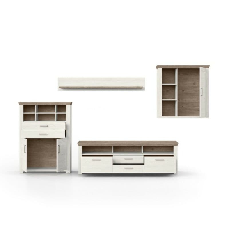 set one by Musterring York Kombination 11 mit einer Deckplatte in Eiche Nelson Nachbildung und einem Korpus in Dekor Pino Aurelio mit geöffneten Türen und Schubkasten