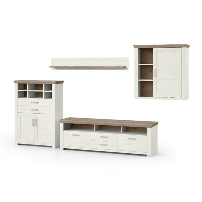 set one by Musterring York Kombination 11 mit einer Deckplatte in Eiche Nelson Nachbildung und einem Korpus in Dekor Pino Aurelio in seitlicher Ansicht