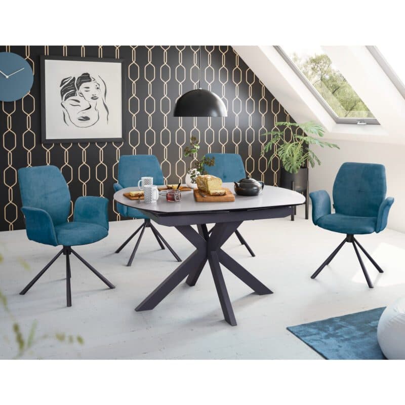 Louming Meggie Auszugstisch mit Platte aus Glaskeramik in Grau und Gestell in Schwarz, Wohnbeispiel.