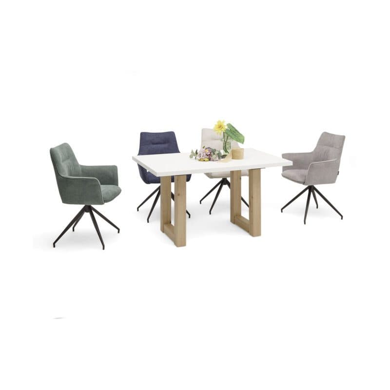 Louming Maleen Drehstuhl mit Bezug in Hellgrau, Beige, Blau und Grün - Arrangement mit 4 Stühlen und Tisch