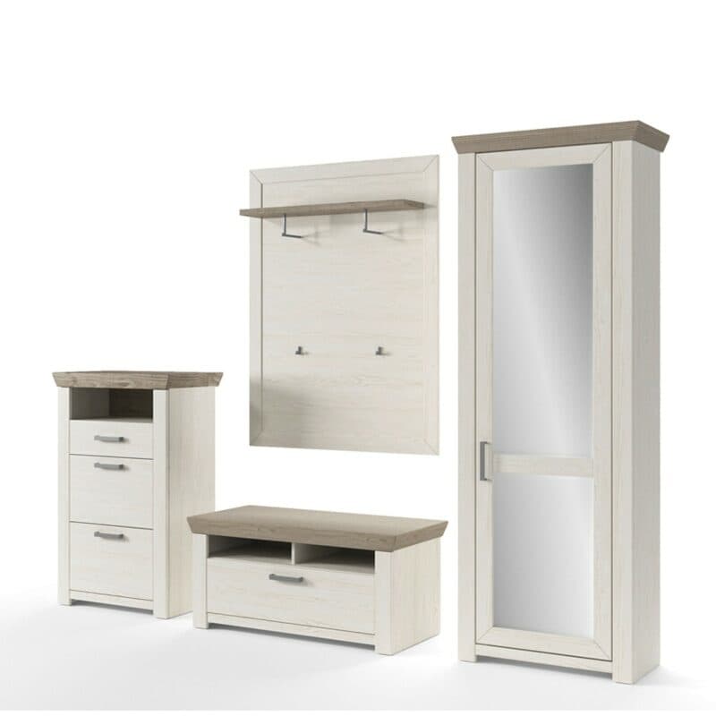 set one by Musterring York-Dielen Garderobenprogramm GA-155 mit Eiche Nelson Nachbildung und Dekor Pino Aurelio - in seitlicher Ansicht.