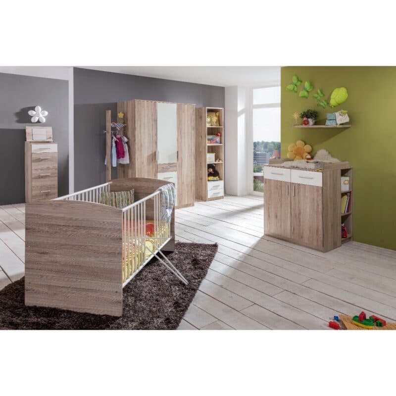 Wimex Joker 7-teiliges Babyzimmer mit Babybett, Wickelkommode, Schminkkommode, Garderobe, Kleiderschrank, Wandboard und Regal