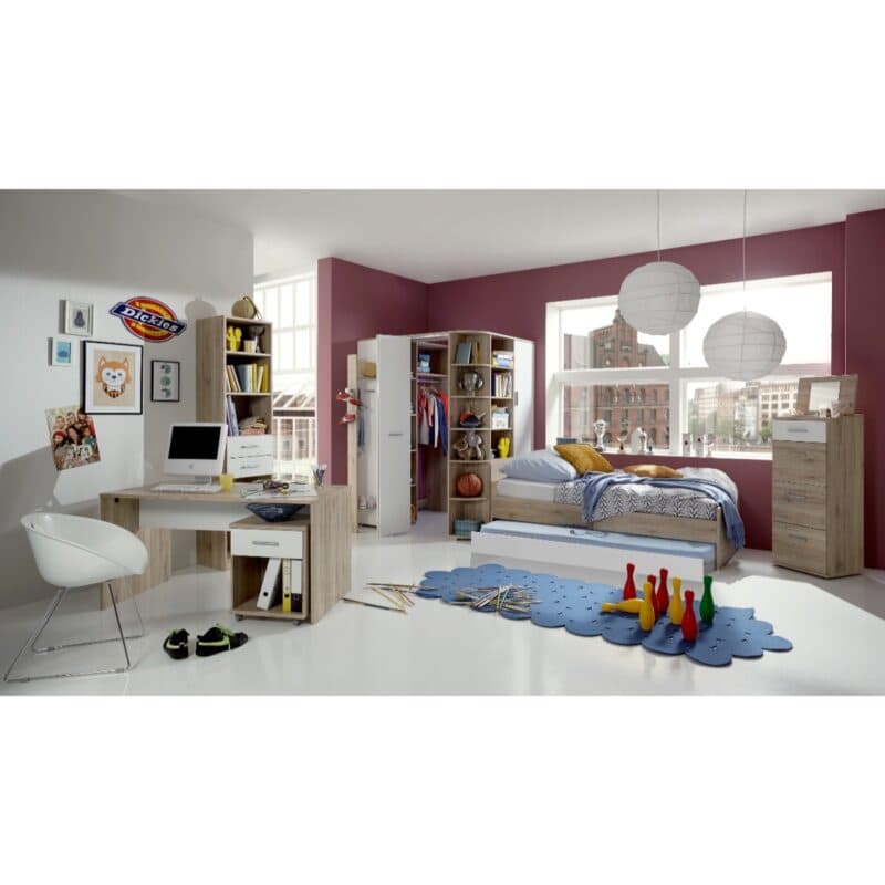 Joker Jugendzimmer 8-tlg inkl. Bett mit Ausziehliege in Dekor weiß mit Eiche San Remo Nachbildung.