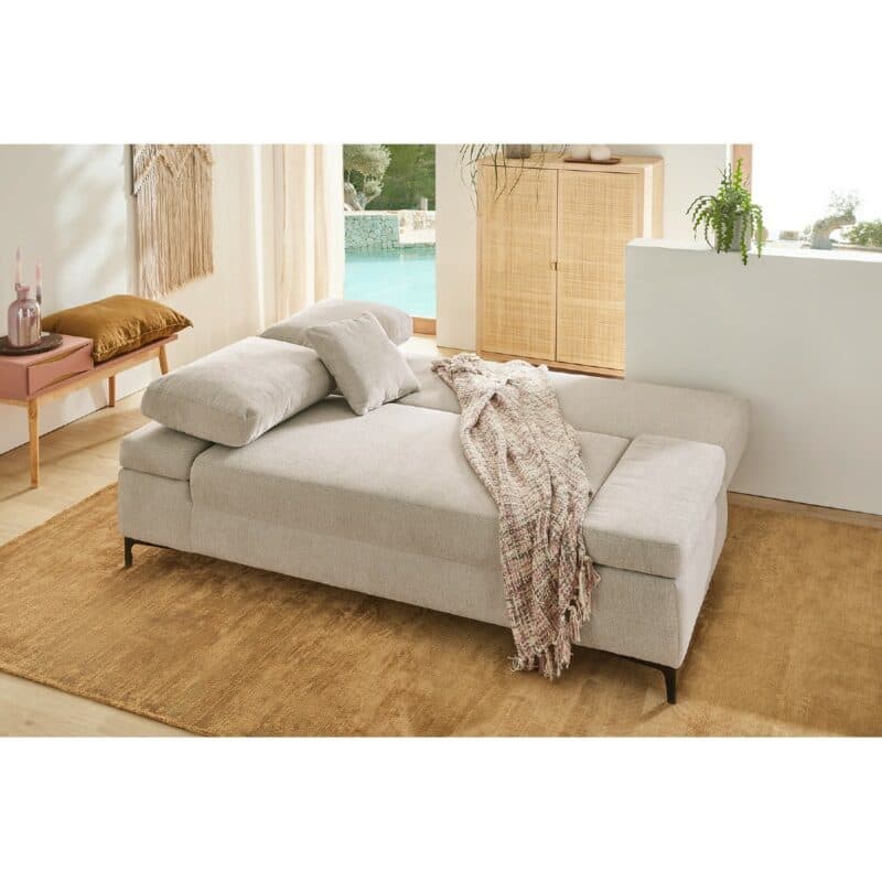 Trendstore Jeremo Schlafsofa mit Bezug in Beige - Wohnbeispiel, Bettfunktion