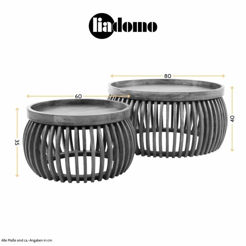 Liadomo Laos Couchtische aus Mangoholz im 2er Set - Maßskizze