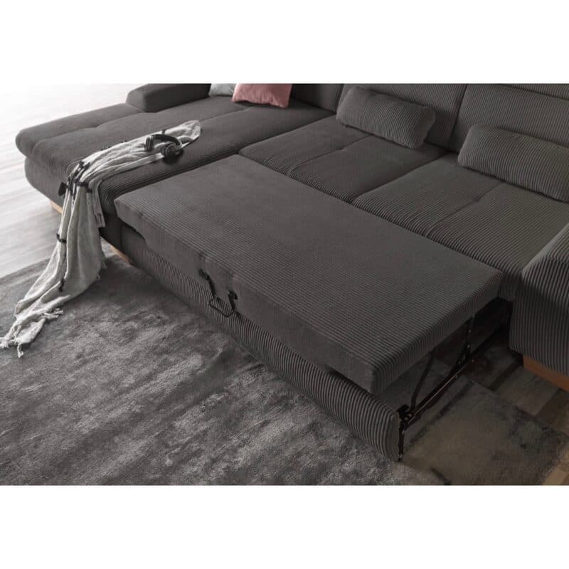 Set One SO 3400 Ecksofa links Cord anthrazit Holzfuß Eiche bianco Detailbild Liegefläche ausgezogen