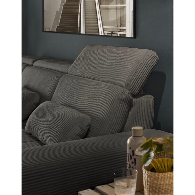 Set One SO 3400 Ecksofa links Cord anthrazit Holzfuß Eiche bianco Detailbild Rückenlehne und Kopfstütze