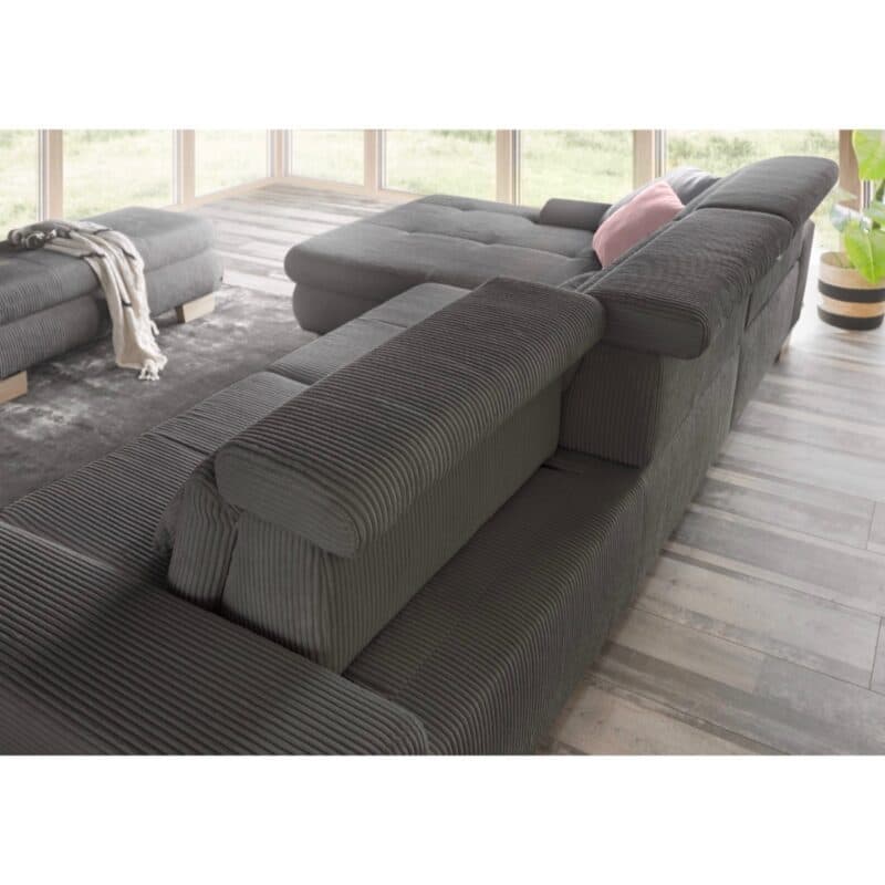 Set One SO 3400 Ecksofa links Cord anthrazit Holzfuß Eiche bianco Detailbild Sitztiefenverstellung von hinten