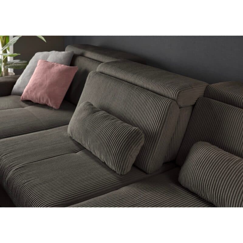 Set One SO 3400 Ecksofa links Cord anthrazit Holzfuß Eiche bianco Detailbild Sitztiefenverstellung von vorne