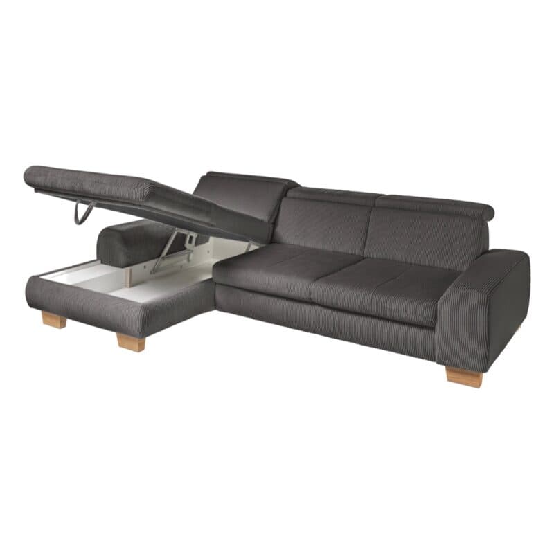 Set One SO 3400 Ecksofa links Cord anthrazit Holzfuß Eiche bianco Freisteller schräg Bettkasten offen
