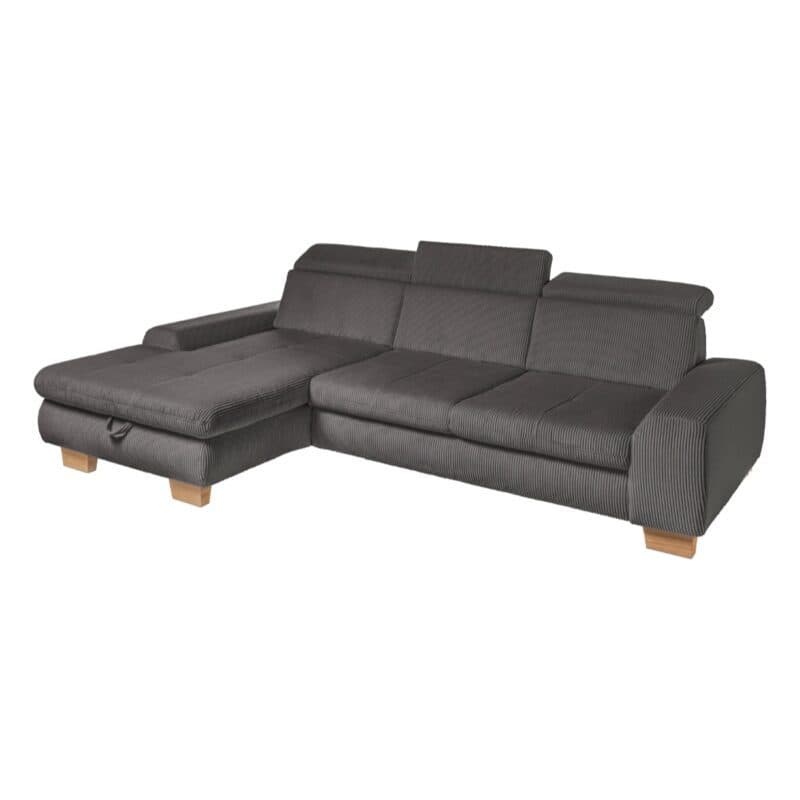 Set One SO 3400 Ecksofa links Cord anthrazit Holzfuß Eiche bianco Freisteller schräg Kopfstütze oben