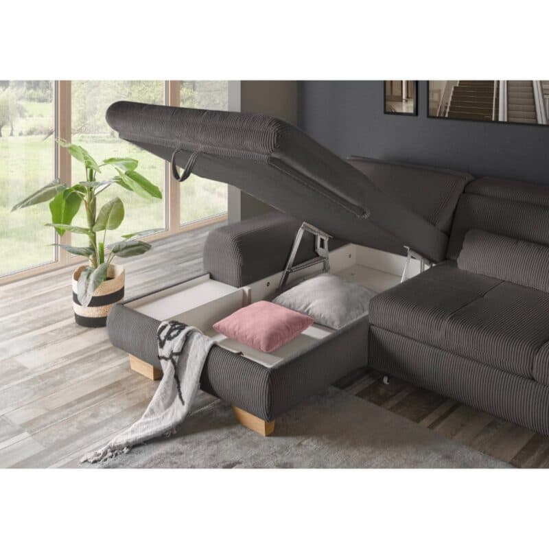 Set One SO 3400 Ecksofa links Cord anthrazit Holzfuß Eiche bianco Milieubild Bettkasten offen