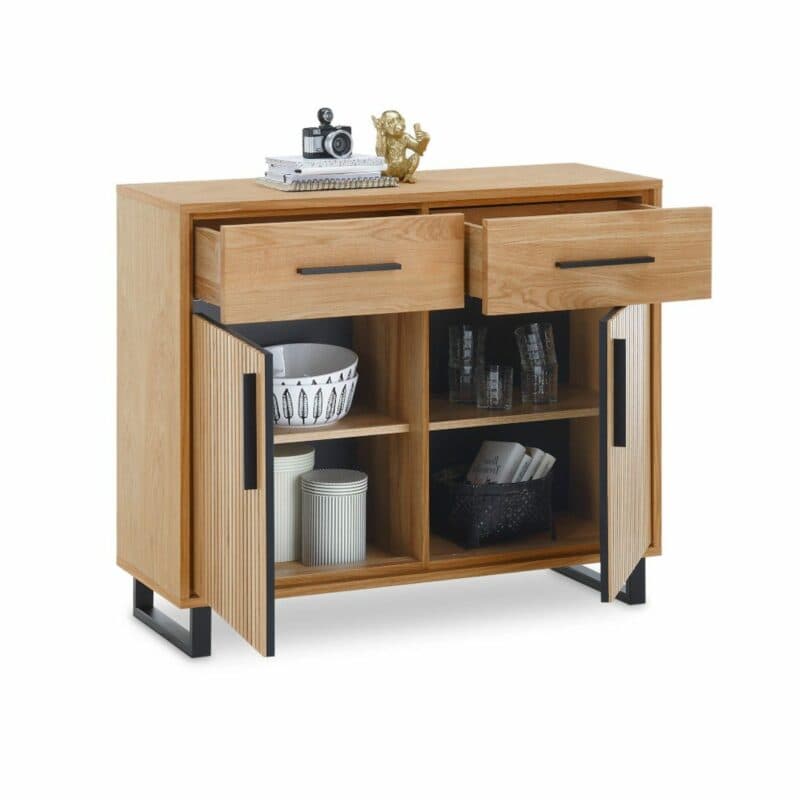 Trendstore Emila Kommode in Akustikpaneel Optik - offen mit Deko