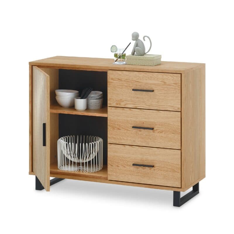 Trendstore Emila Kommode mit 1 Tür und 3 Schubkästen in Akustikpaneel Optik – Tür offen